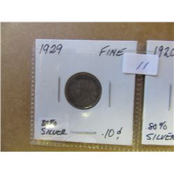 1929 (FINE) & 1920 CANADA SILVER TEN CENT COINS (2)