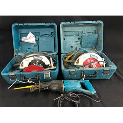 2 MAKITA 7 14" CORDED CIRCULAR SAWS, MODEL 5007MGA, WITH ASSORTED BLADES, AND MAKITA CORDED