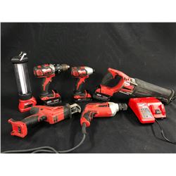 5 MILWAUKEE TOOLS INC. SAWZALL, 1/4" HEX IMPACT DRIVER, 1/2" HAMMER DRILL, HACKZALL, 3/8" DRILL,