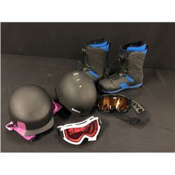 SNOWBOARD GEAR INC. PAIR INTUITION SIZE US 13 BOOTS, SMITH MEDIUM SIZE HELMET, AERA MEDIUM SIZE