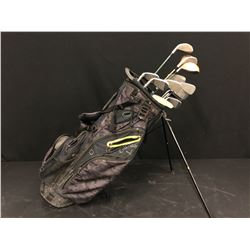 GOLF CLUBS WITH CALLAWAY BAG, INCLUDES 1, 3 & 5 WOOD, PUTTER, VARIOUS WEDGES AND DRIVERS, SOME