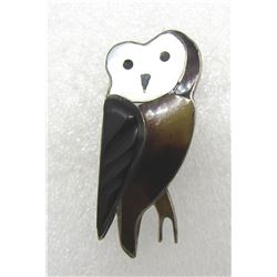 INLAY ZUNI OWL PIN STERLING SILVER SIGNED
