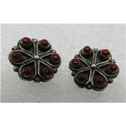 SNAKE EYE RED CORAL EARRINGS STERLING SILVER ZUNI