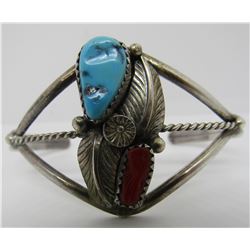 TURQUOISE CORAL CUFF BRACELET STERLING SILVER