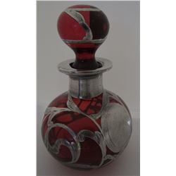 SILVER OVERLAY RUBY RED GLASS PERFUME BOTTLE