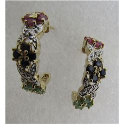 RUBY EMERALD SAPPHIRE DIAMOND EARRINGS STERLING