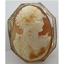 HUGE ANTIQUE FILIGREE CAMEO PIN PENDANT 10K GOLD