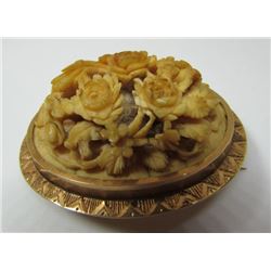 CARVED 3D FLORAL CAMEO BROOCH PIN 14K GOLD C1850