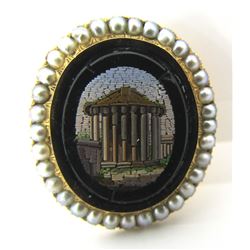 MICRO MOSAIC NATURAL PEARL PIN 14K GOLD BROOCH