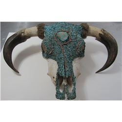 LARGE TURQUOISE AND CORAL BULL SKULL