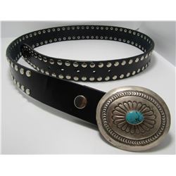 SIGNED STERLING CONCHO BUCKLE STUDDED LEATHER BELT
