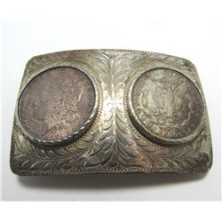 TWO MORGAN SILVER DOLLARS IN STERLING BELT BUCKLE