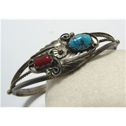 STERLING TURQUOISE RED CORAL CUFF BRACELET