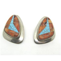 SIGNED MOSAIC INLAY STERLING TURQUOISE EARRINGS
