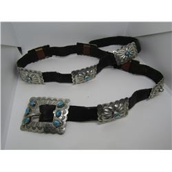 SIGNED J NAVAJO CONCHO BELT STERLING TURQUOISE
