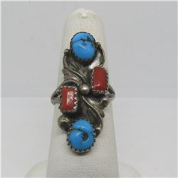 VINTAGE NAVAJO TURQUOISE RED CORAL STERLING RING