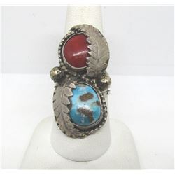 SIGNED TURQUOISE RED CORAL STERLING MANS RING SZ8