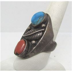 OLD PAWN TURQUOISE RED CORAL COIN SILVER MANS RING