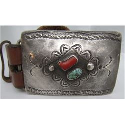 JS TURQUOISE CORAL BELT BUCKLE STERLING SILVER