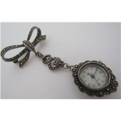 MARCASITE LAVALIER WATCH PIN STERLING SILVER BROOC