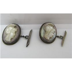 VICTORIAN ANTIQUE STERLING SILVER CAMEO CUFFLINKS