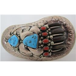 ES BEAR CLAW TURQUOISE BELT BUCKLE STERLING SILVER