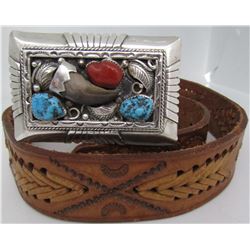 TW CLAW TURQUOISE CORAL BELT BUCKLE STERLING SILVE