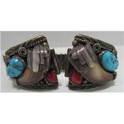 BEAR CLAW TURQUOISE CORAL WATCH BRACELET STERLING