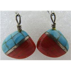 INLAY TURQUOISE CORAL SHELL EARRINGS STERLING SILV