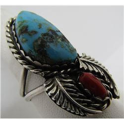 BISBEE TURQUOISE CORAL RING STERLING SILVER