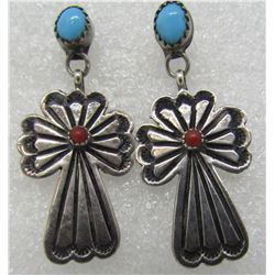 CROSS TURQUOISE CORAL EARRINGS STERLING SILVER