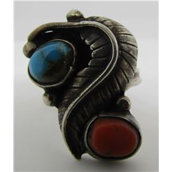 TURQUOISE CORAL RING STERLING SILVER NAVAJO