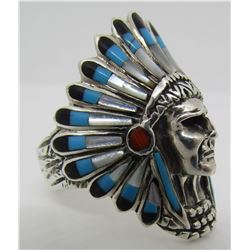 INLAY TURQUOISE CHIEF RING STERLING SILVER SIZE 12