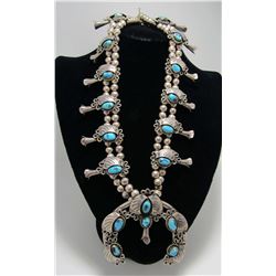 TURQUOISE SQUASH BLOSSOM NECKLACE STERLING SILVER