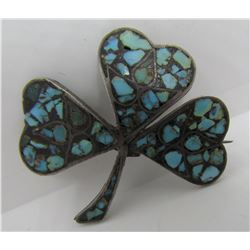 CLOVER SHAMROCK PIN STERLING SILVER TURQUOISE