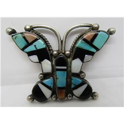 ZUNI BUTTERFLY INLAY PIN STERLING SILVER TURQUOISE