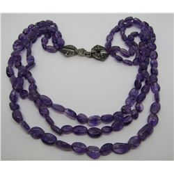 3 STR AMETHYST NECKLACE STERLING SILVER MARCASITE