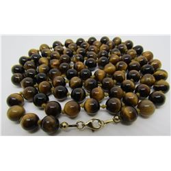 34" TIGEREYE NECKLACE 8MM BEAD 14K GOLD