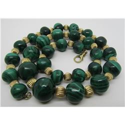 17MM MALACHITE BEAD NECKLACE 14K YELLOW GOLD.