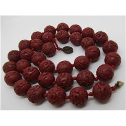 17MM CARVED 30" CINNABAR BEAD NECKLACE & EARRINGS