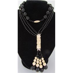 36" ONYX 14K GOLD PEARL CARVED NECKLACE
