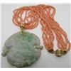 Image 1 : CARVED JADE PHOENIX DRAGON 14K GOLD CORAL NECKLACE