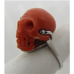 CARVED CORAL SKULL PLATINUM RING
