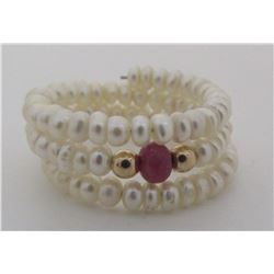 PEARL RUBY 14K GOLD RING 3 ROW BAND