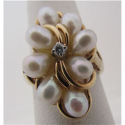 8 PEARL DIAMOND RING 14K GOLD CLUSTER 6 GRAMS