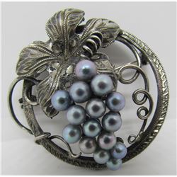 15 GREY PEARL PIN STERLING SILVER BROOCH GRAPEVINE