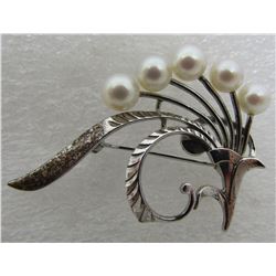 MIKIMOTO 5 PEARL 6MM PIN STERLING SILVER BROOCH