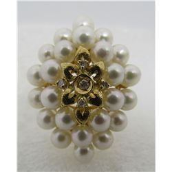 14K GOLD 24 PEARL CLUSTER 5 DIAMOND RING