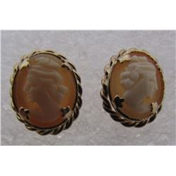 14K GOLD CAMEO EARRINGS CARVED SHELL