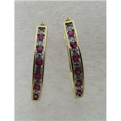 12 RUBY & 12 DIAMOND HOOP EARRINGS 14K GOLD